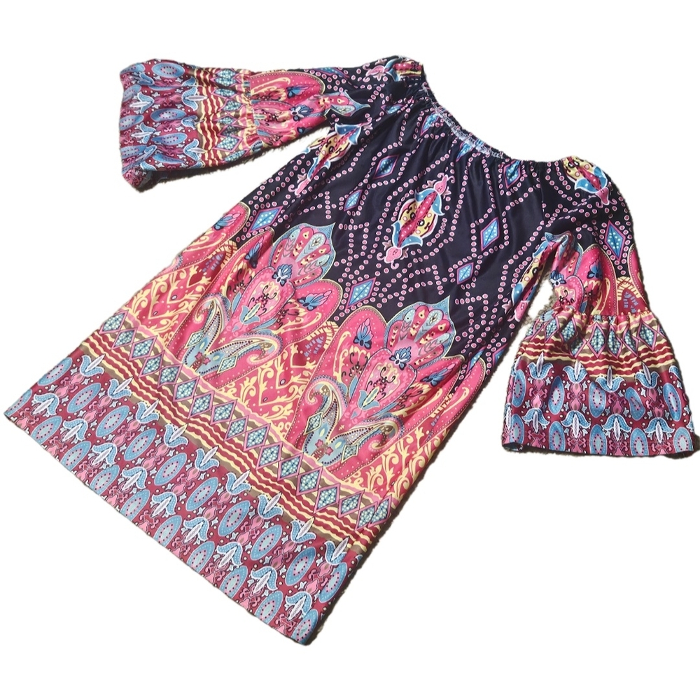 Bohemian Off-Shoulder Mini Dress - Multicolor Bell Sleeve Sheath Dress